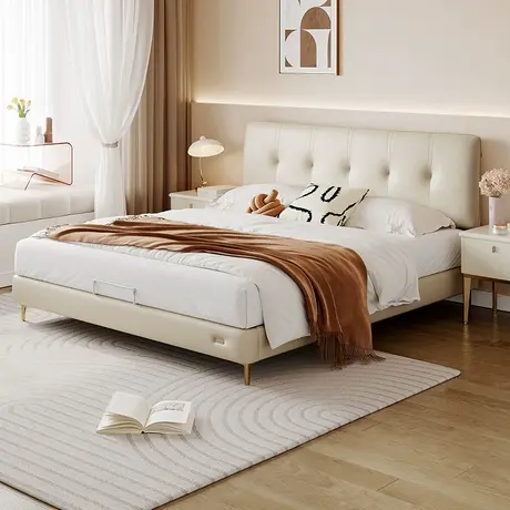 全友家居2025新款轻奢高脚软包床奶油风实木框架卧室家具小户型商品大图