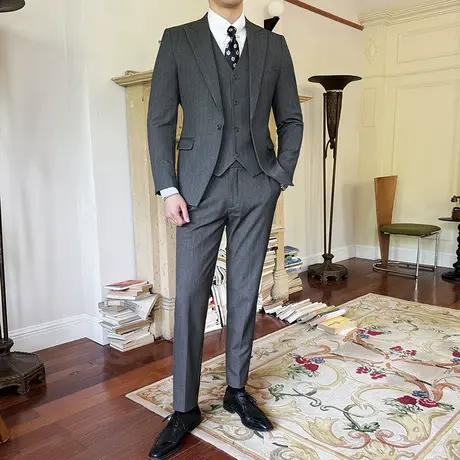 竖条纹显瘦戗驳领西服男套装商务通勤英伦风正装主持人双开衩西装商品大图