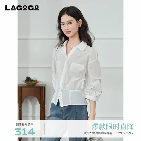 LAGOGO翻领白色衬衫女拉谷谷2025年秋季新款松弛感上衣OCCC337A11图片