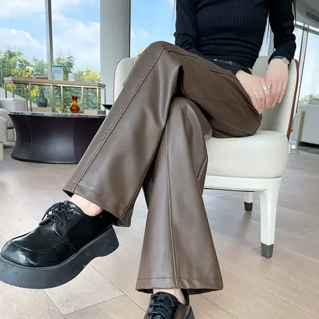 咖啡色高级感西装皮裤子女秋冬季2023新款高腰垂感窄版直筒阔腿裤商品大图