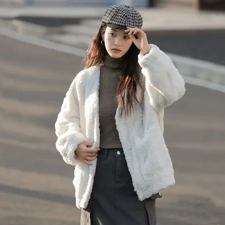 唐狮外套女仿羊羔绒v领设计感秋冬季新款小个子加厚毛毛上衣图片