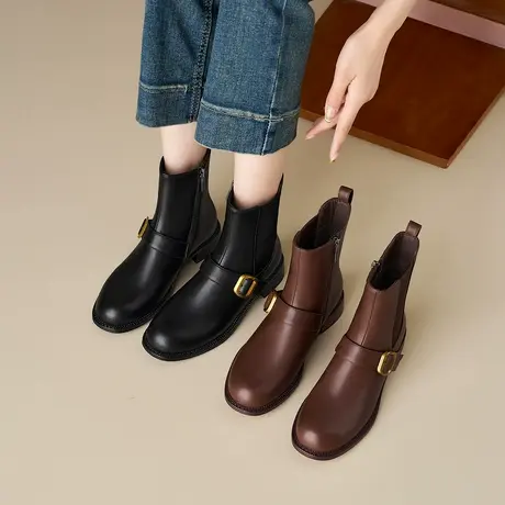 星期六2025新款皮带扣切尔西靴女厚底舒适女短靴粗跟百搭瘦瘦靴商品大图