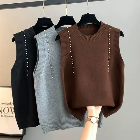 钉珠圆领套头针织马甲背心女2023秋季新款宽松洋气叠穿毛衣坎肩冬商品大图