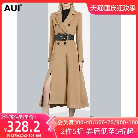 aui驼色气质设计感小众呢子大衣女长款过膝2023秋冬新款毛呢外套图片
