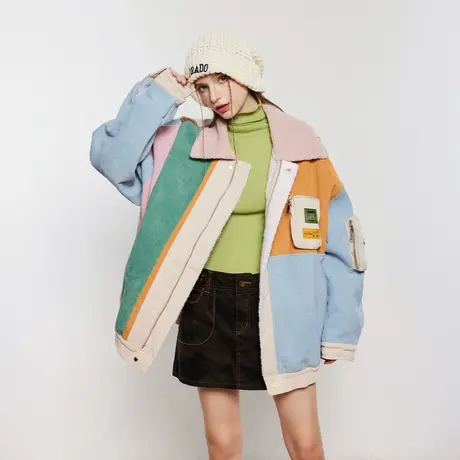 潮牌设计感拼接棉服女加厚冬季羊羔毛外套2023年新款复古宽松棉衣商品大图