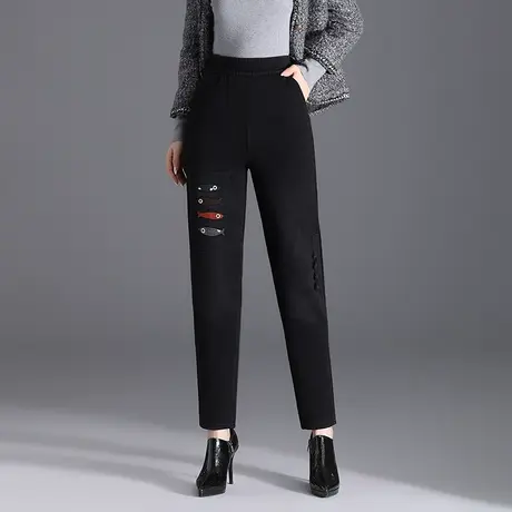 复古刺绣加绒哈伦裤女秋冬2023新款松紧高腰宽松大码加厚小脚长裤商品大图