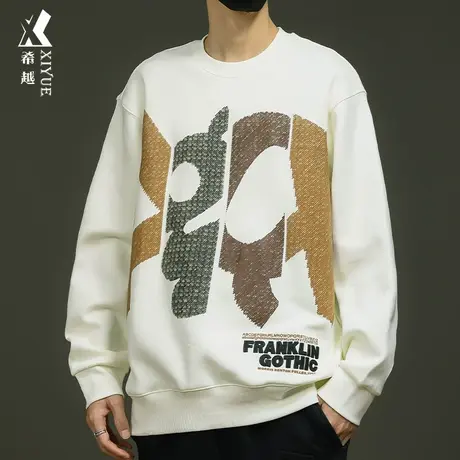 希越平绣印花国风重磅卫衣男秋季宽松大码青少年内搭打底长袖t恤商品大图