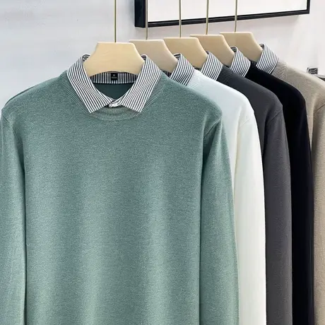 秋季新款假两件毛衣男潮流商务休闲百搭衬衫领针织打底衫毛线衣男商品大图