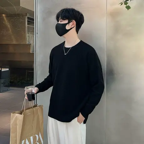 轻熟风秋冬个性纯色高级感针织衫男ins华夫格宽松套头毛衣打底衫商品大图