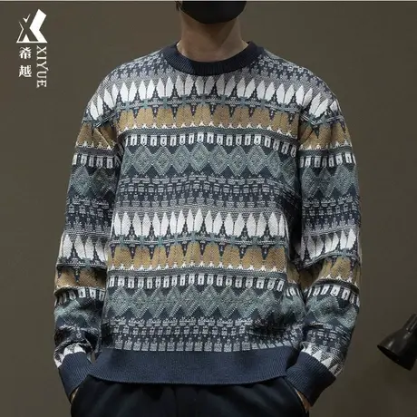 希越民族风7针针织圆领毛衣男秋冬季宽松大码打底复古小众慵懒感商品大图