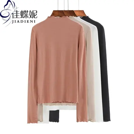 秋冬季半高领木耳边修身长袖纯色纯棉T恤打底衫上衣简约休闲女装图片