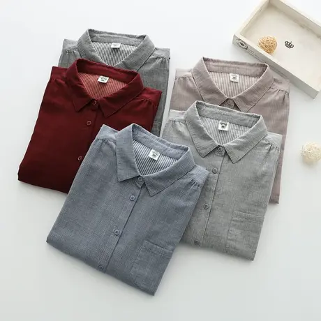 春秋季简约双层棉纱长袖衬衫女 文艺复古软糯亲肤小格子衬衣打底商品大图