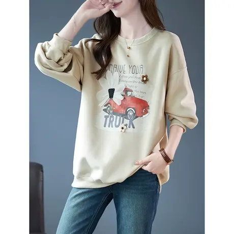 宝诗黎圆领字母印花棉质慵懒卫衣2023秋季新款落肩长袖宽松上衣女商品大图