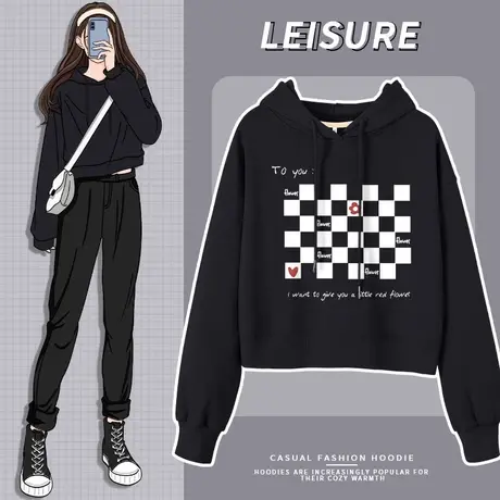 真维斯LIFE黑色连帽卫衣女春秋款2022小个子高腰短款露脐上衣外套商品大图