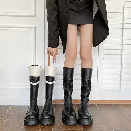 长筒靴女2023年春秋季新款英伦风拼色不过膝瘦瘦靴粗跟厚底骑士靴图片