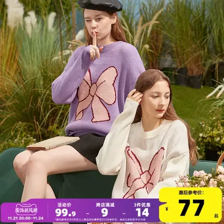 唐狮春秋新款毛衣女设计感小众圆领宽松外穿上衣针织蝴蝶结图片