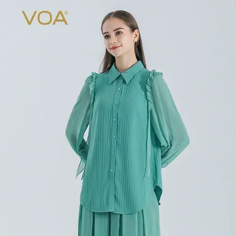 VOA青绿色41姆米无界重磅桑蚕丝polo领木耳边装饰长袖真丝衬衫秋图片