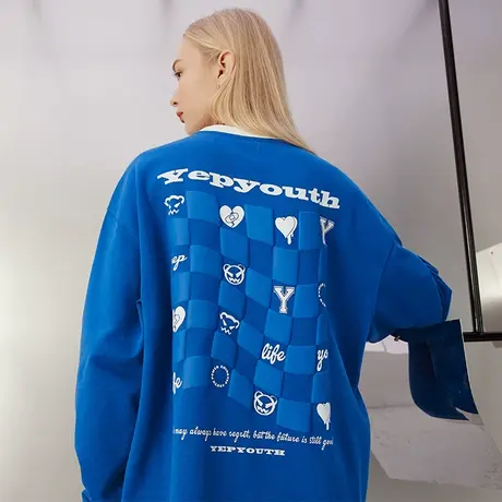 YEP克莱因蓝假两件卫衣女春秋薄款bf宽松韩版棋盘格发泡印花上衣商品大图