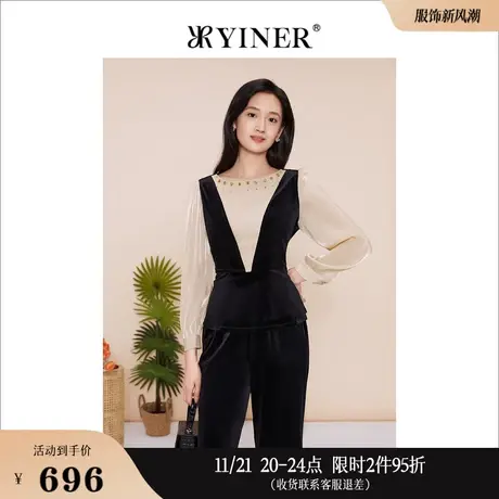 YINER音儿专选女装春季时尚撞色假两件丝绒衬衫收腰上衣商品大图