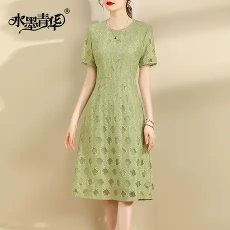 水墨青华2024新款夏天裙子简约修身蕾丝裙优雅收腰时尚短袖连衣裙图片