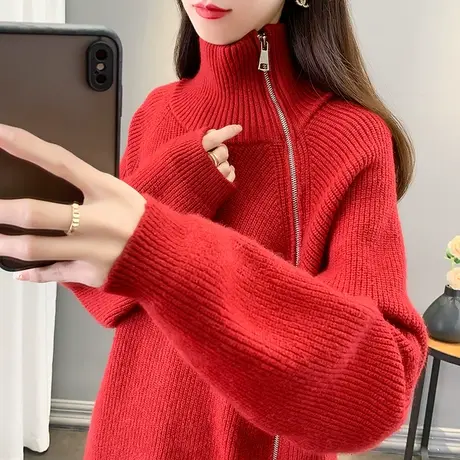 22128韩版纯色拉链翻领套头打底衫长袖上衣宽松针织衫女士毛衣图片