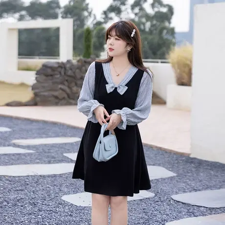 【清仓】春季新款减龄蝴蝶结桔梗气质胖MM雪纺连衣裙显瘦大码遮肚图片