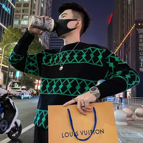 毛衣男秋冬2023新款美式几何提花肌理感套头针织打底衫重磅毛线衣商品大图