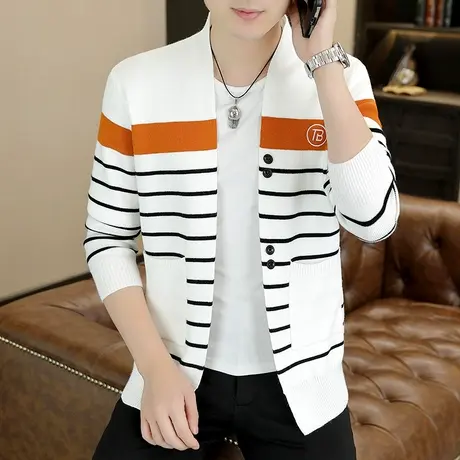条纹毛衣男开衫潮流秋季潮牌拼色小清新情侣学院风时尚针织衫外套商品大图