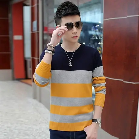 春秋季韩版潮流男装圆领男士长袖T恤青年体恤针织打底衫潮男毛衣商品大图