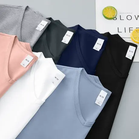 莫代尔秋季长袖t恤男装V领纯色白色上衣服内搭打底衫秋衣小衫潮流商品大图