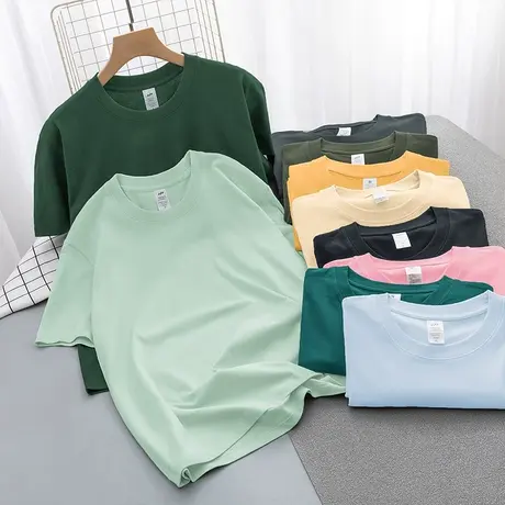 重磅纯棉t恤男女短袖夏季宽松半袖圆领上衣服潮流全棉纯色打底衫商品大图