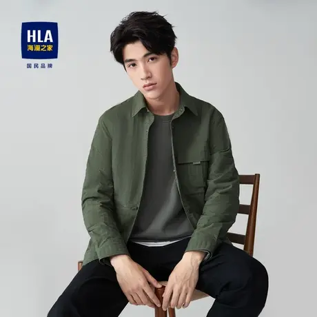 HLA/海澜之家翻领衬衫夹克23秋季新款格子工装休闲时尚绿色外套男图片