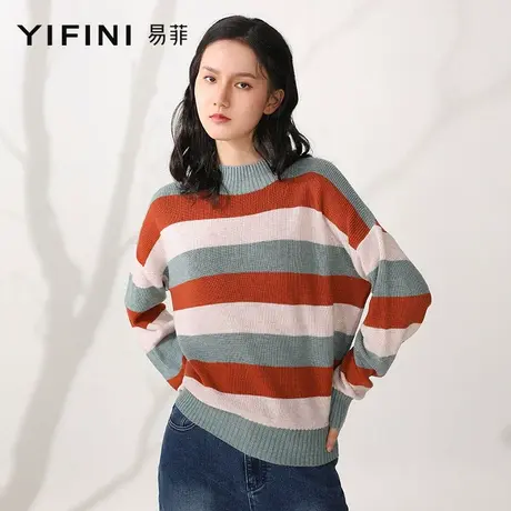 Yifini/易菲宽松短款毛衫长袖圆领羊毛衫女21秋冬新款条纹打底衫商品大图