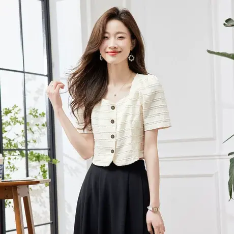 时尚气质小香风衬衫外套2023年夏季新款淑女温柔甜美显瘦圆领上衣商品大图