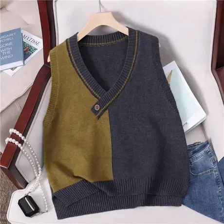 设计感撞色针织马甲女外搭春秋新款V领宽松显瘦秋冬叠穿毛衣坎肩商品大图