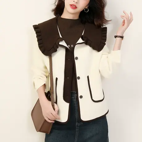 韩潮袭人小香风撞色海军领加厚双面呢外套女冬季新款百搭上衣图片