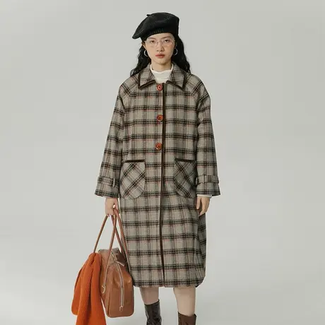 omont蛋挞家 撞色大纽扣毛呢大衣女秋冬新款格纹中长款呢子外套商品大图