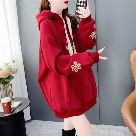中国风刺绣红色加绒加厚连帽卫衣女士2023年新款秋冬宽松国潮外套商品大图