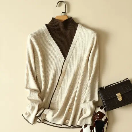 春装新款拼色半高领假两件套头针织衫女士洋气拼接打底衫时尚毛衣商品大图