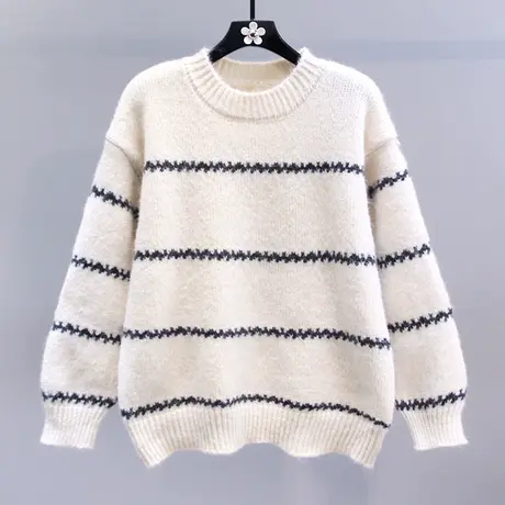 复古慵懒风条纹套头毛衣女秋冬2023新款宽松设计感百搭软糯针织衫图片