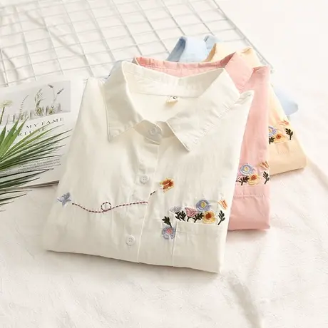 纯色刺绣白衬衣文艺小清新衬衫女2021春新品韩范休闲百搭长袖上衣商品大图