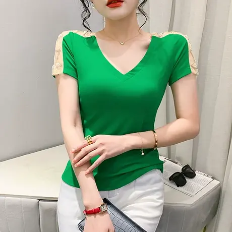 时尚V领短袖T恤女2024夏装新款性感镂空网纱拼接上衣气质紧身小衫商品大图