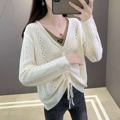 法式v领假两件抽绳镂空针织衫女士早春秋新款设计感小众长袖上衣商品大图