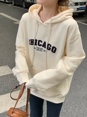 咖啡色连帽卫衣女秋冬2023新款欧货宽松小个子中长款加绒加厚外套商品大图