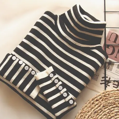 黑白条纹针织衫百搭修身高领打底衫女秋冬长袖毛衣新款潮内搭上衣商品大图