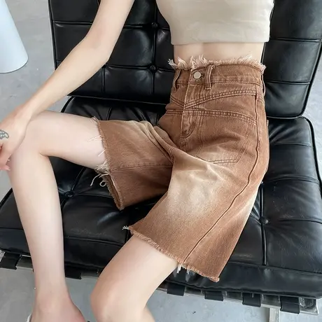 复古毛边牛仔五分短裤女夏季薄款宽松显瘦显高高腰直辣妹中裤ins商品大图