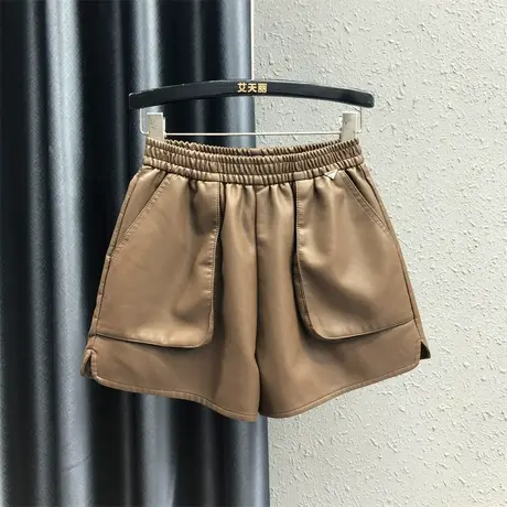 美式辣妹口袋PU休闲裤秋季新款咖啡色松紧腰休闲百搭阔腿皮短裤女图片