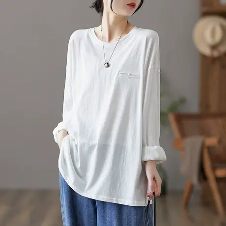 dza 文艺复古长袖打底小衫女士春季新款纯棉宽松白色打底衫上衣女商品大图