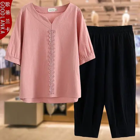 中年妈妈夏装套装短袖纯棉上衣洋气加肥加大码女休闲两件套200斤商品大图