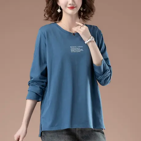 全棉长袖t恤女春季加肥加大码女装宽松休闲中长款百搭显瘦打底衫商品大图